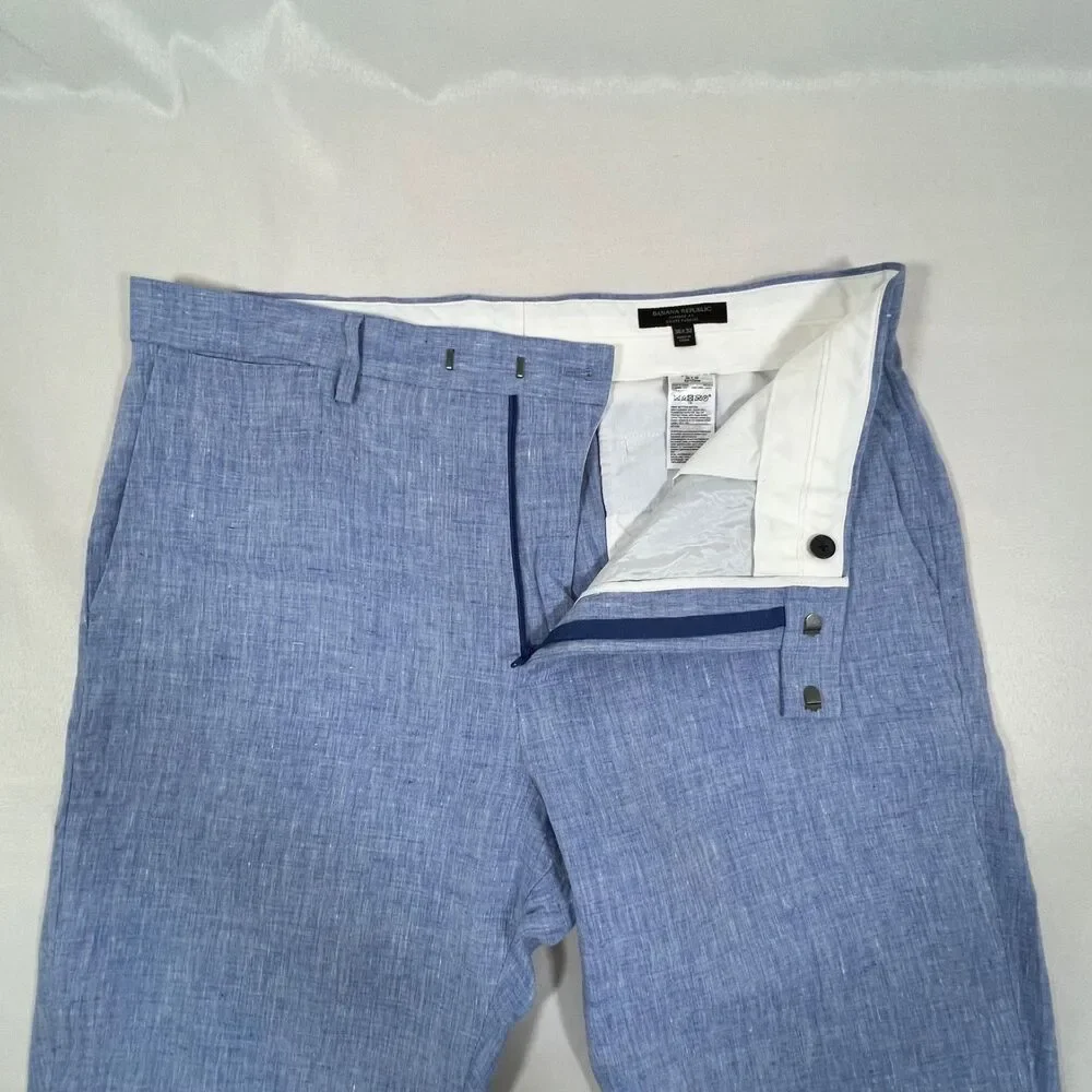 Banana Republic Mens Slim Textured 100% Linen Pants Bright Blue Chambray 36x32**